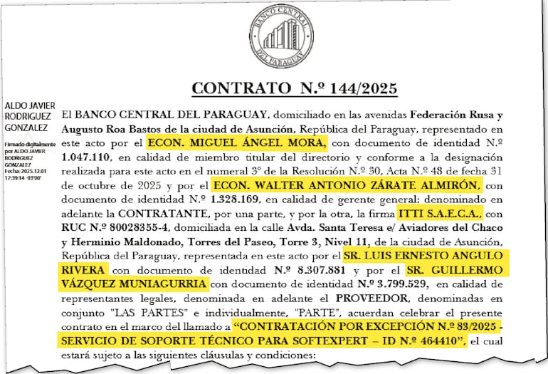 El contrato fue firmado por Guillermo Vázquez y Luis Angulo en representación de itti y Walter Zárate y Miguel Mora por el BCP.