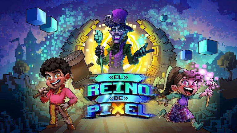 Niño y niña alegres sosteniendo objetos, con un personaje central colorido y un fondo de mundo mágico pixelado.