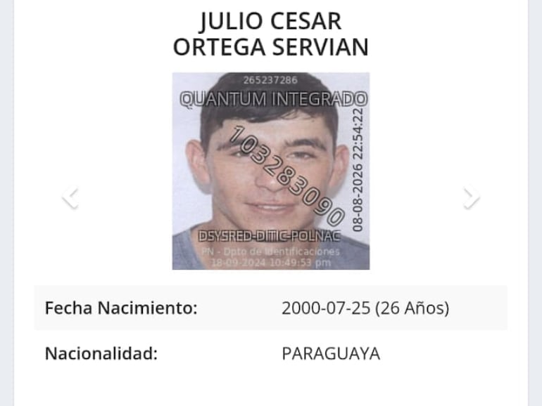 Ficha policial del supuesto sicario Julio César Ortega Servián, eliminado en Tavaí al comandar un atentado.