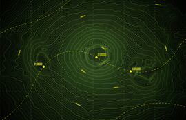 Relieve topográfico de un volcán inactivo en área submarina, ilustración.