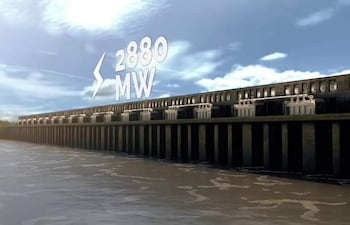 Representación gráfica de la represa de Corpus Christi con columnas y salida de agua, destacando '2880 MW' en un cielo despejado.