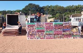 Seis personas en uniformes anaranjados y azules descargan cajas grandes en un terreno al aire libre, con camiones y árboles de fondo.
