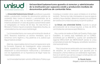 Universidad Sudamericana querella al exrector y administrador de la institución por supuesta estafa y producción mediata de documentos públicos de contenido falso.