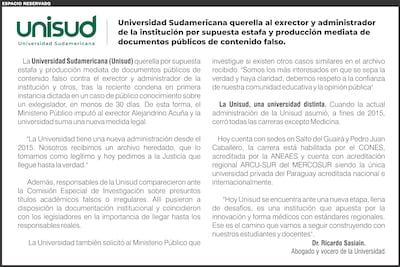 Universidad Sudamericana querella al exrector y administrador de la institución por supuesta estafa y producción mediata de documentos públicos de contenido falso.