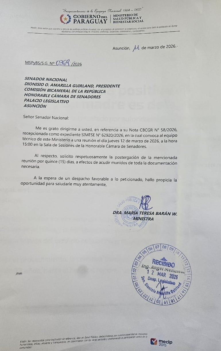 Nota de la ministra de Salud, María Teresa Barán.