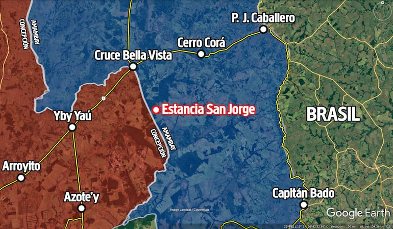 La estancia San Jorge queda en el límite entre Concepción (en rojo) y Amambay (en azul).