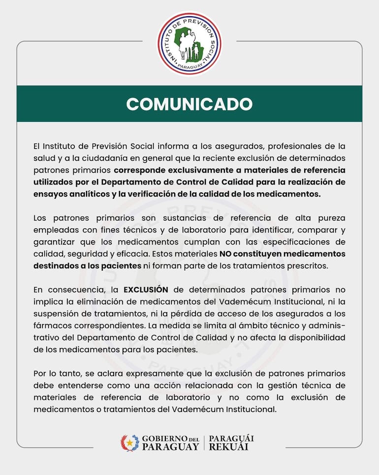 Comunicado oficial del IPS sobre control de calidad de medicamentos, con texto central y encabezado institucional.