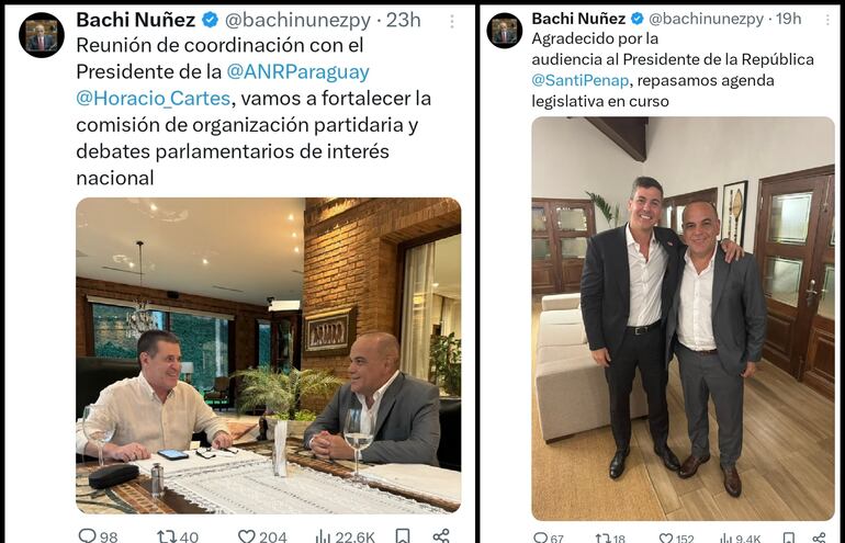 El senador Basilio "Bachi" Núñez (ANR, HC) se reunió ayer con Horacio Cartes y el presidente Santiago Peña.
