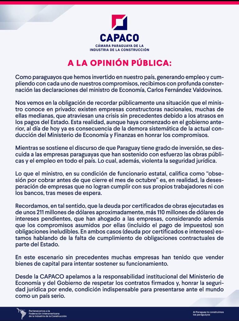 El comunicado de la Capaco tras las declaraciones del ministro Carlos Fernández Valdovinos.