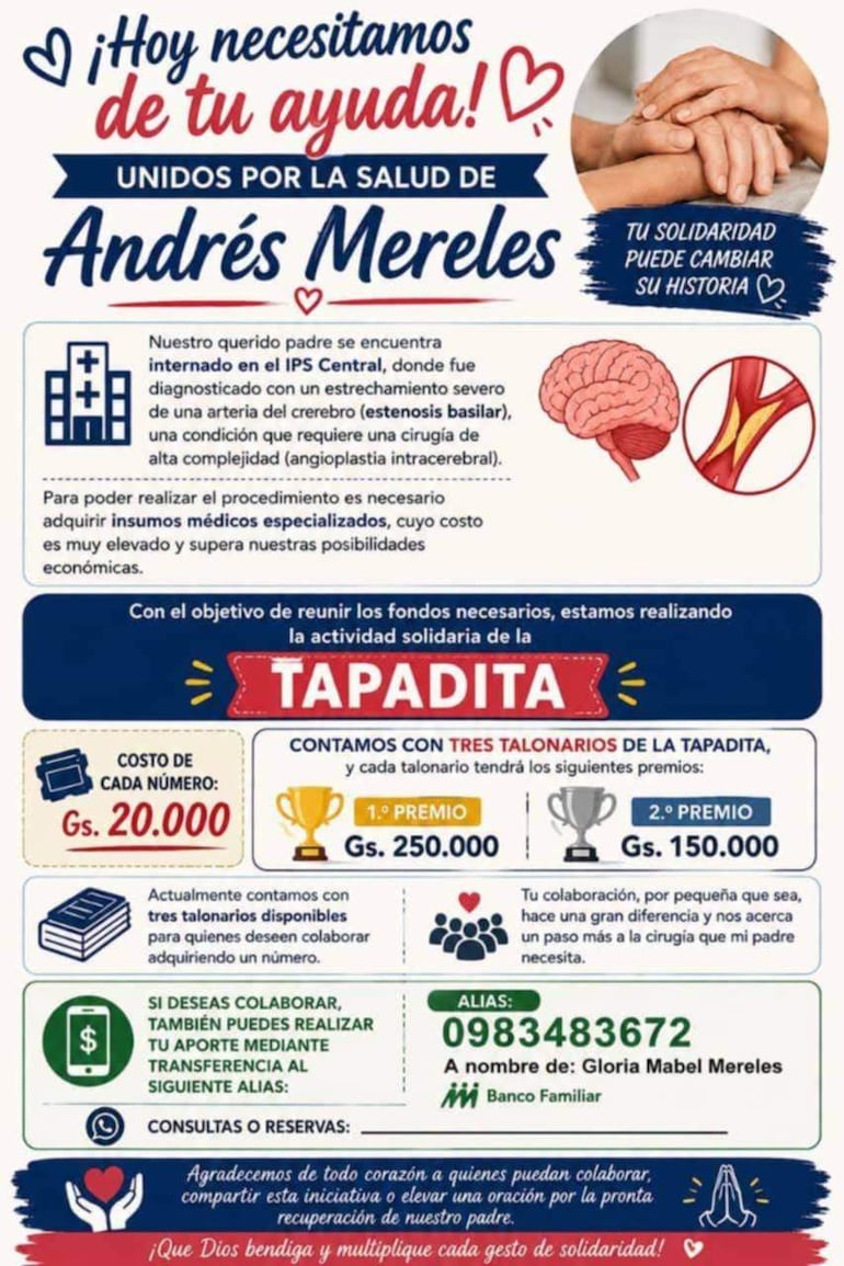 Cartel solicitando ayuda con fondo amarillo, texto en rojo, y manifiesta la urgencia por la cirugía de Andrés Mereles.
