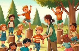 Imagen creada con IA. Ilustración de niños jugando para aprender posiciones: adelante y atrás.