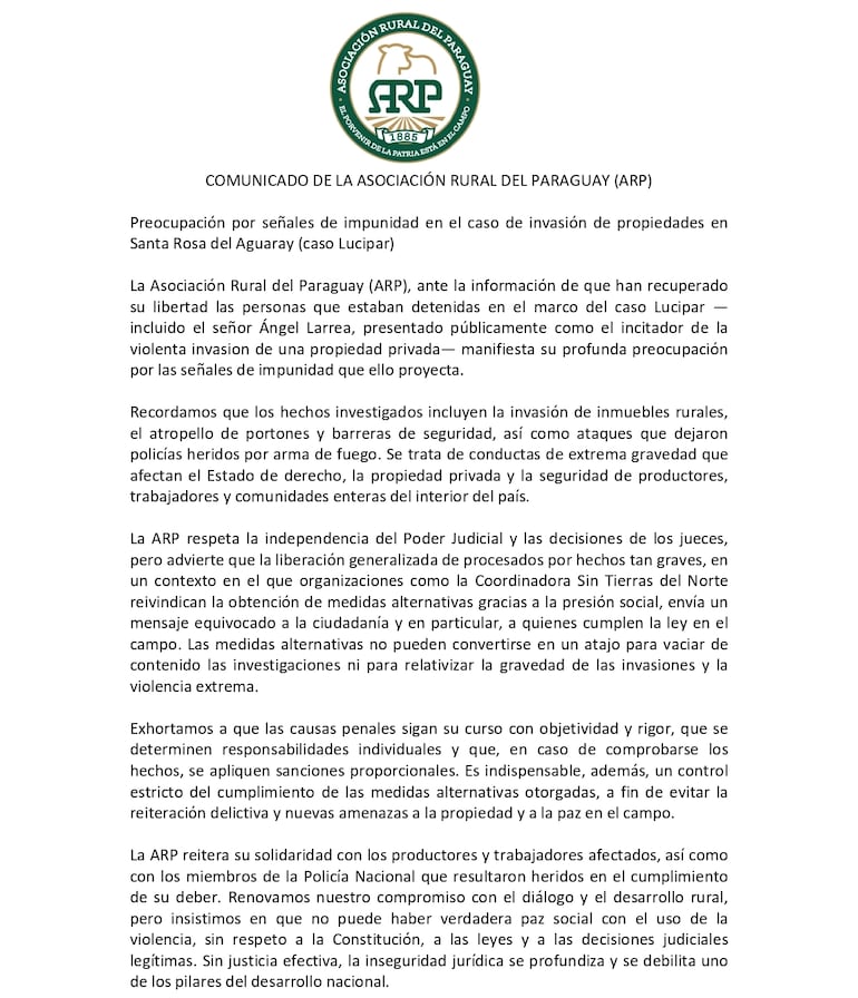 Comunicado de la ARP sobre el caso Lusipar.