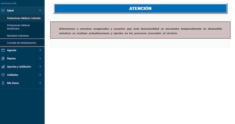 Interfaz digital de MI IPS, destacando secciones de salud con mensaje de funcionalidad temporalmente no disponible.