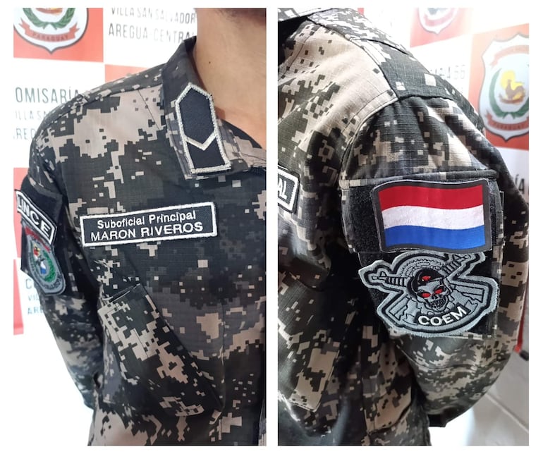 Uniforme militar con parche de Suboficial Principal y bandera paraguaya, en un ambiente con escudos y emblemas policiales.