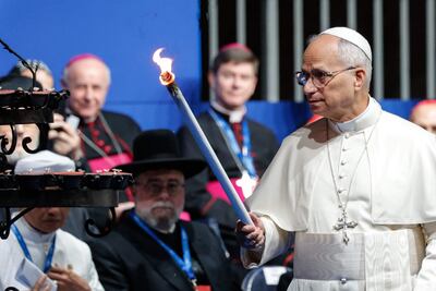 El Papa León XIV, durante la ceremonia de clausura del Encuentro Internacional de Diálogo y Oración por la Paz de la Comunidad de Sant'Egidio en el Coliseo de Roma.