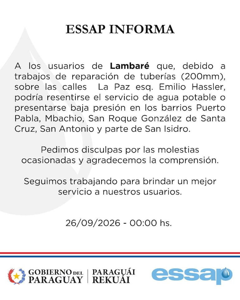 Aviso de la ESSAP sobre el corte programado en Lambaré