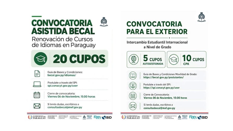 Cartel informativo sobre convocatorias educativas sin personas visibles, con detalles sobre cupos y enlaces.