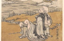 Saigyo contemplando el monte Fuji. Xilopintura de Isoda Koryusai, circa 1770. MET, Nueva York.