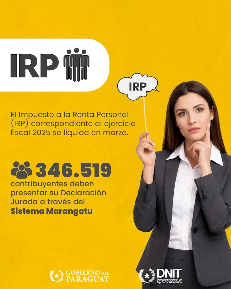 DNIT recuerda del vencimiento del plazo para la presentación del IRP correspondiente al ejercicio fiscal 2025.