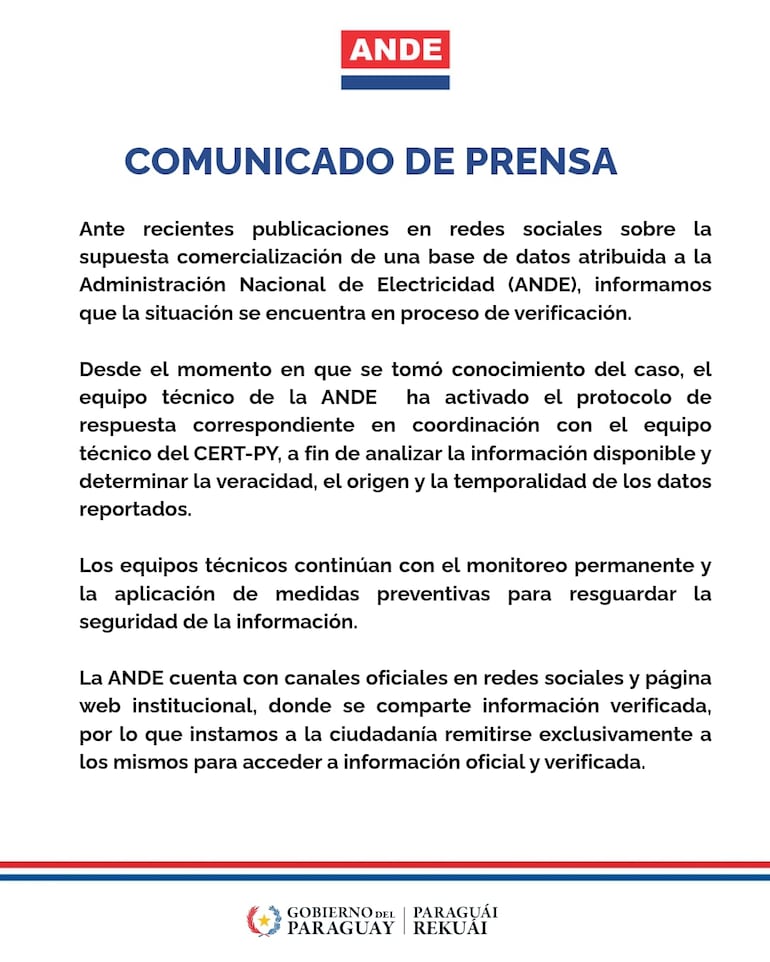Comunicado de la ANDE sobre una presunta filtración.