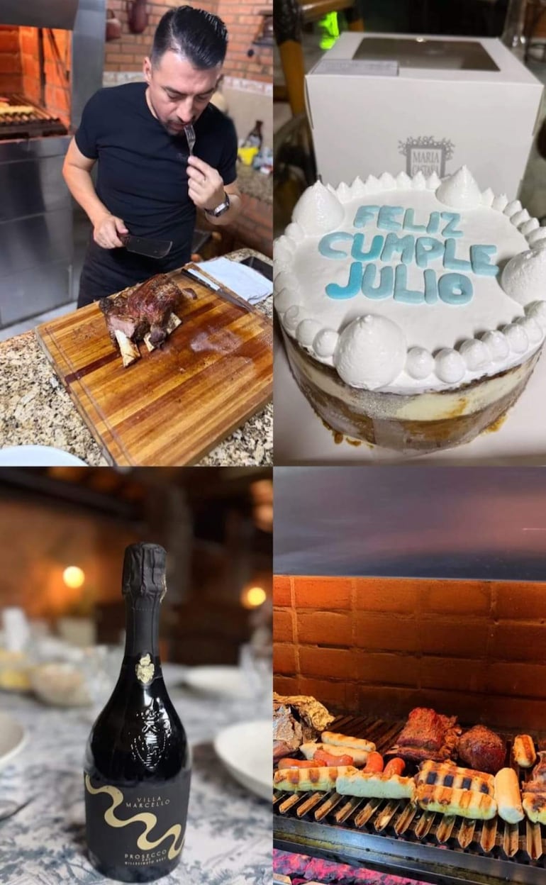 Hombre sosteniendo cuchillo y tenedor ante una tarta de cumpleaños que dice 'FELIZ CUMPLE JULIO' y botella de vino espumoso.