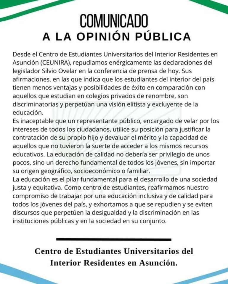 Comunicado de estudiantes del interior del país residentes en Asunción.