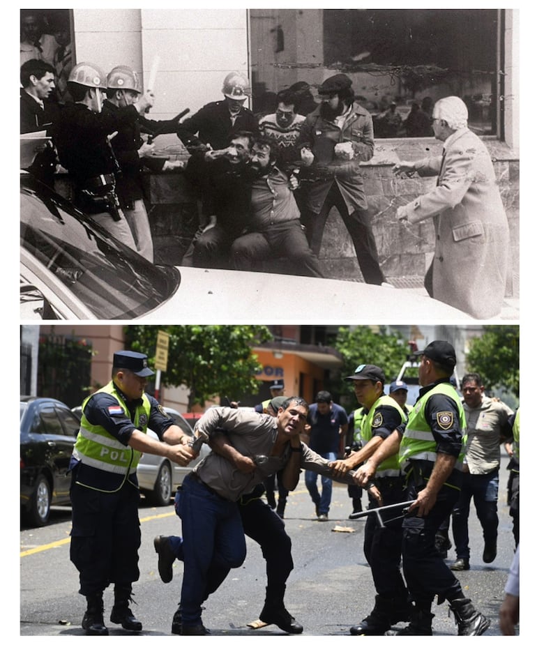 Represión policial durante los gobiernos de Alfredo Stroessner (arriba) y Santiago Peña (abajo). Archivo ABC Color.