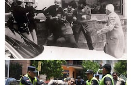 Represión policial durante los gobiernos de Alfredo Stroessner (arriba) y Santiago Peña (abajo). Archivo ABC Color.