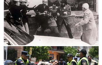 Represión policial durante los gobiernos de Alfredo Stroessner (arriba) y Santiago Peña (abajo). Archivo ABC Color.