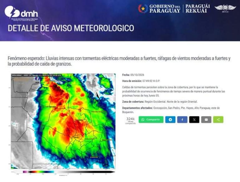 Mapa satelital detallando áreas afectadas por lluvias intensas y tormentas, con logotipo del gobierno de Paraguay.