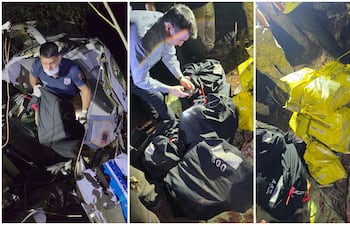 Las bolsas de dinero recuperadas anoche del avión que se estrelló en Minga Guazú.