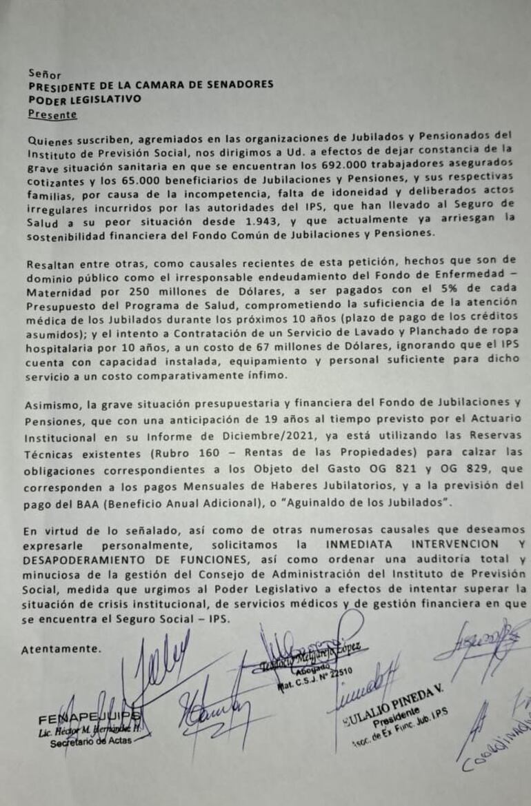 Documento que será presentado el martes por los jubilados y pensionados ante la Cámara de Senadores.