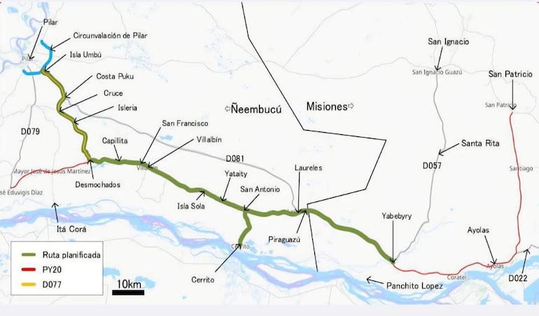 Mapa en colores que muestra ruta planificada en Paraguay con nombres de localidades como Pilar y San Ignacio.