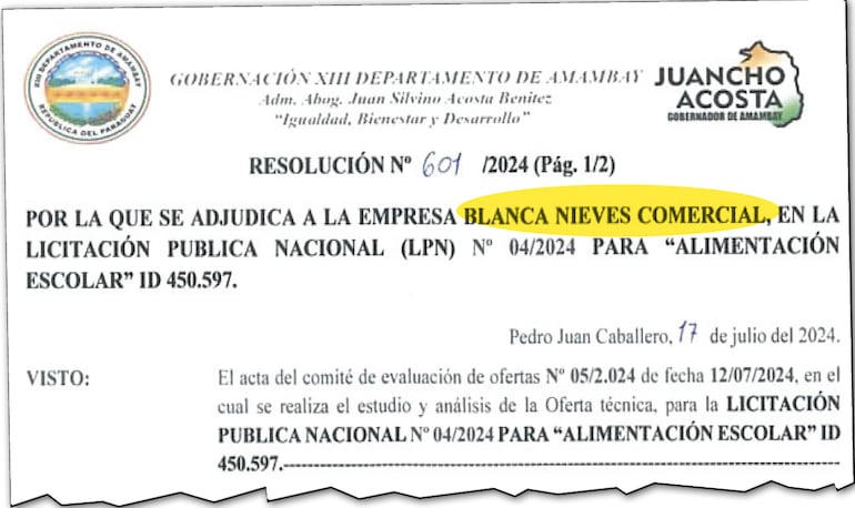 Resolución de la Gobernación de Amambay en la cual se adjudica la provisión de alimentación escolar a Comercial Blanca Nieves.