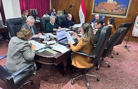 Isaías Ricardo Fretes en chaqueta oscura, rodeado de otros adultos en sala de reuniones con paredes de madera y banderas de Paraguay.