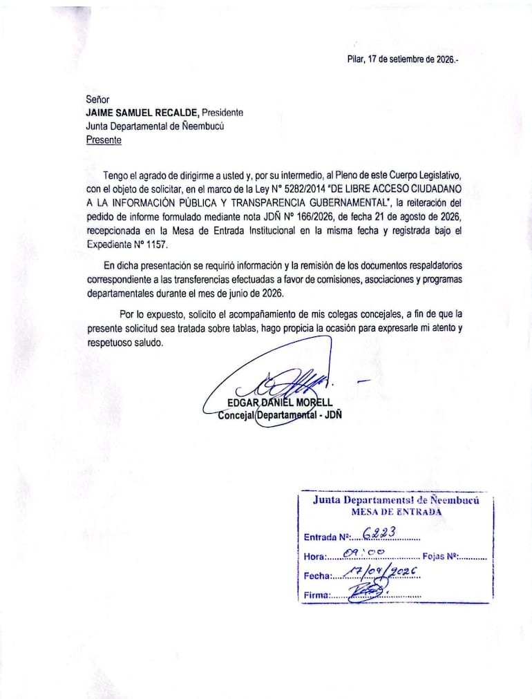 Copia de la reiteración del pedido de informe del Concejal departamental Edgar Morel.