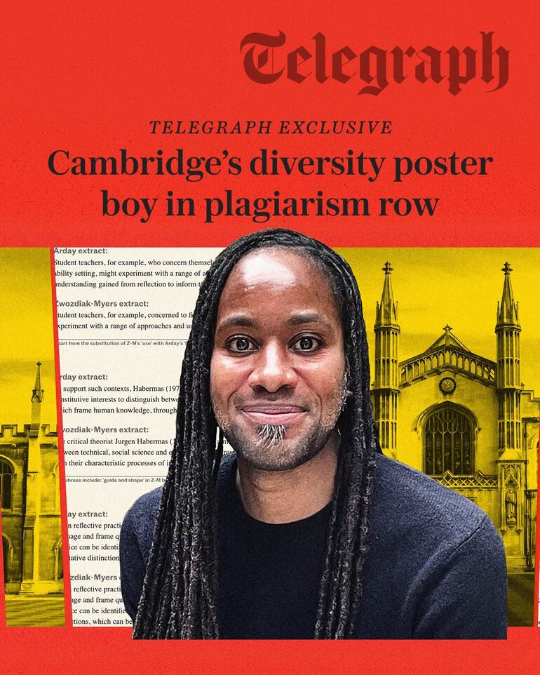 «Cambridge’s diversity poster boy in plagiarism row» (El ídolo de la diversidad de Cambridge envuelto en escándalo de plagio), The Telegraph, viernes 24 de julio de 2026.