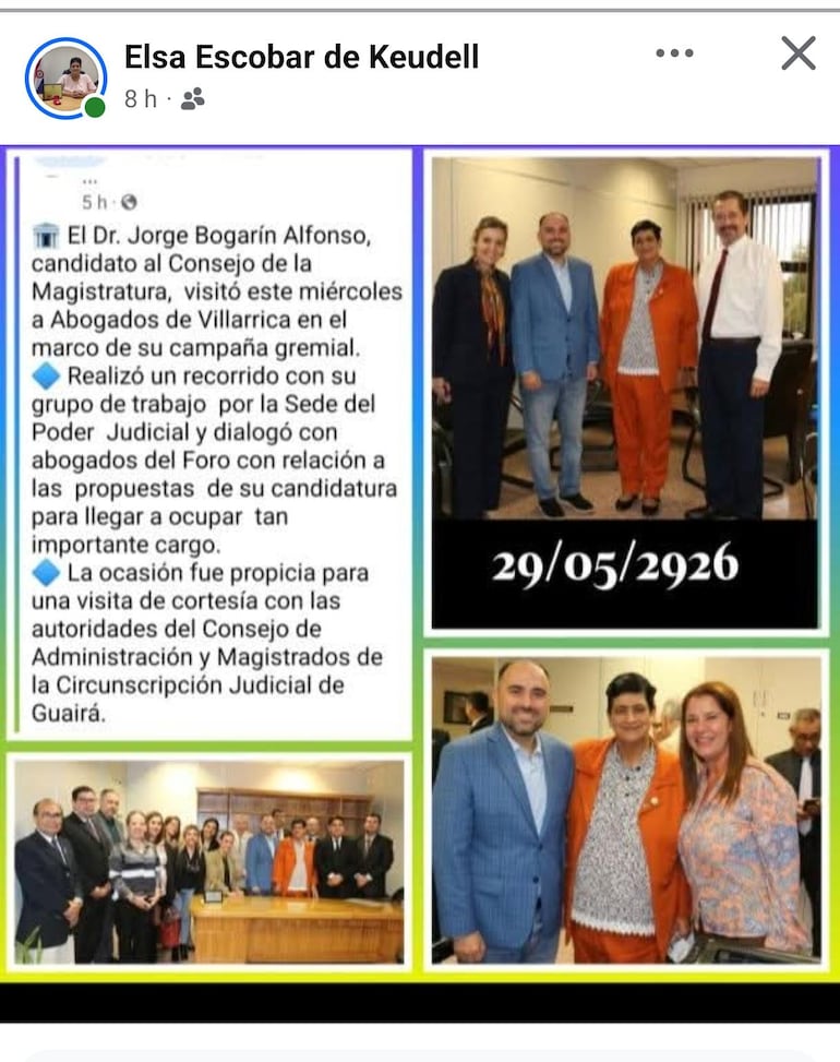 Publicación del perfil de redes sociales de la propia titular de la Circunscripción Judicial de Guairá, Elsa Escobar de Keudell.
