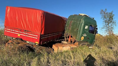 Camión grande de color verde con caja roja incrustado entre maleza en la ruta PY22, sin personas visibles.