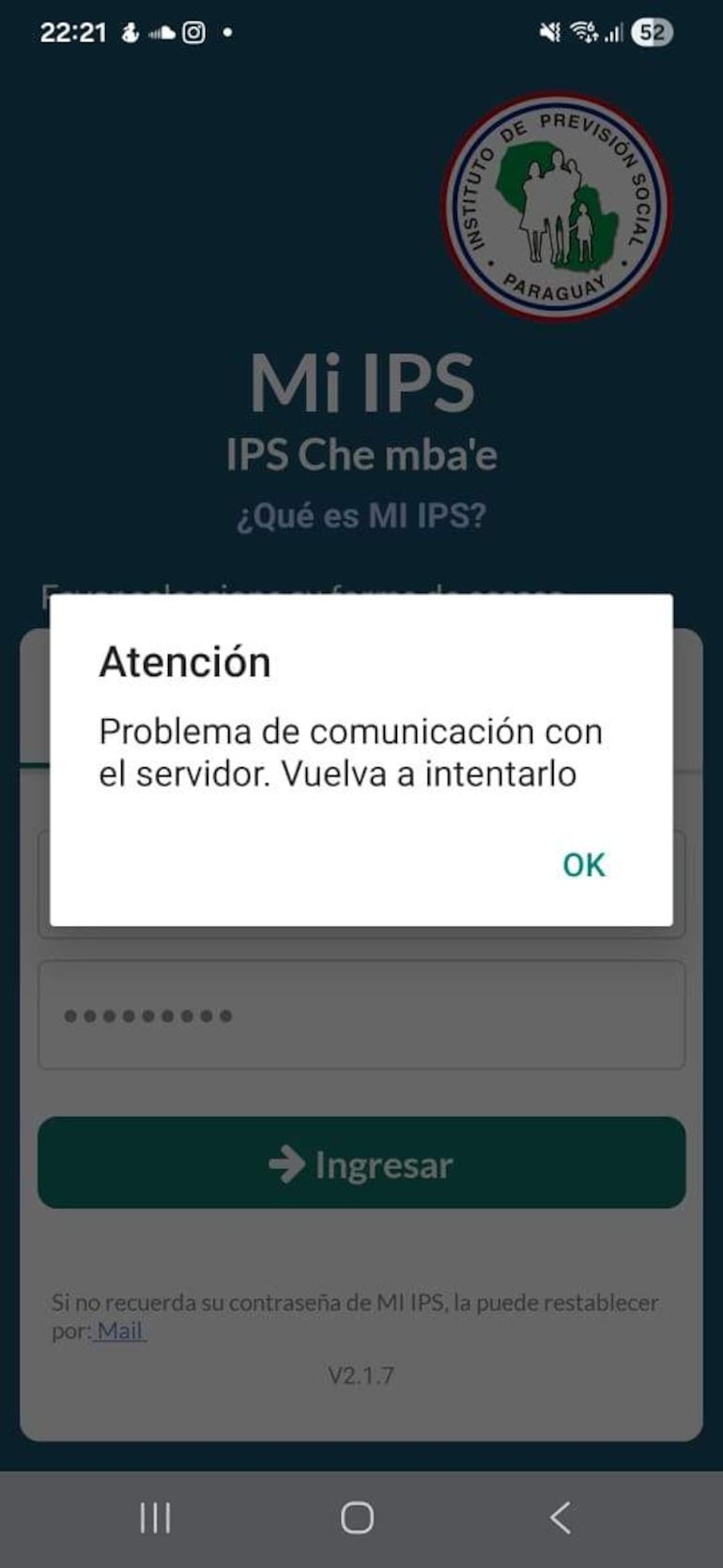 Pantalla de inicio del MI IPS mostrando problemas de conexión, con texto sobre atención y restablecimiento de contraseña.