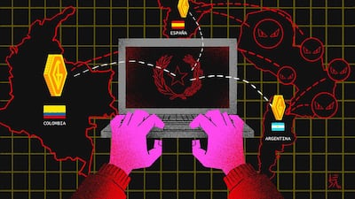 Laptop con manos manipulando el teclado, rodeada de iconos de criptomonedas y un mapa de países como España, Colombia y Argentina.