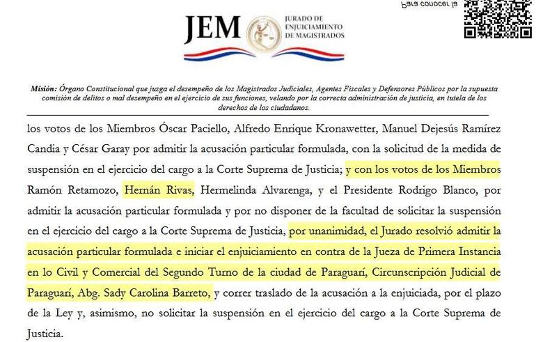 Documento formal del Jurado de Enjuiciamiento de Magistrados con textos e información sobre acusaciones a magistrados.