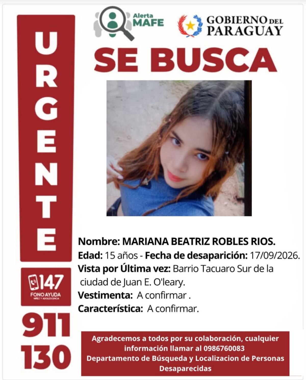 Buscan a adolescente de 15 años desaparecida en Juan E. O’Leary