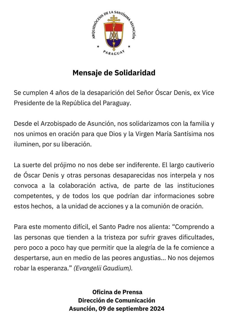 El mensaje solidario del Arzobispado de Asunción por los cuatro años del secuestro de Óscar Denis.