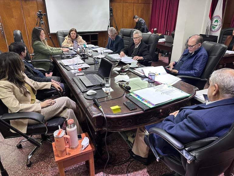 Mirtha Arias Noguer habla en reunión del IPS, con otros miembros escuchando, en ambiente formal y documentos sobre la mesa.