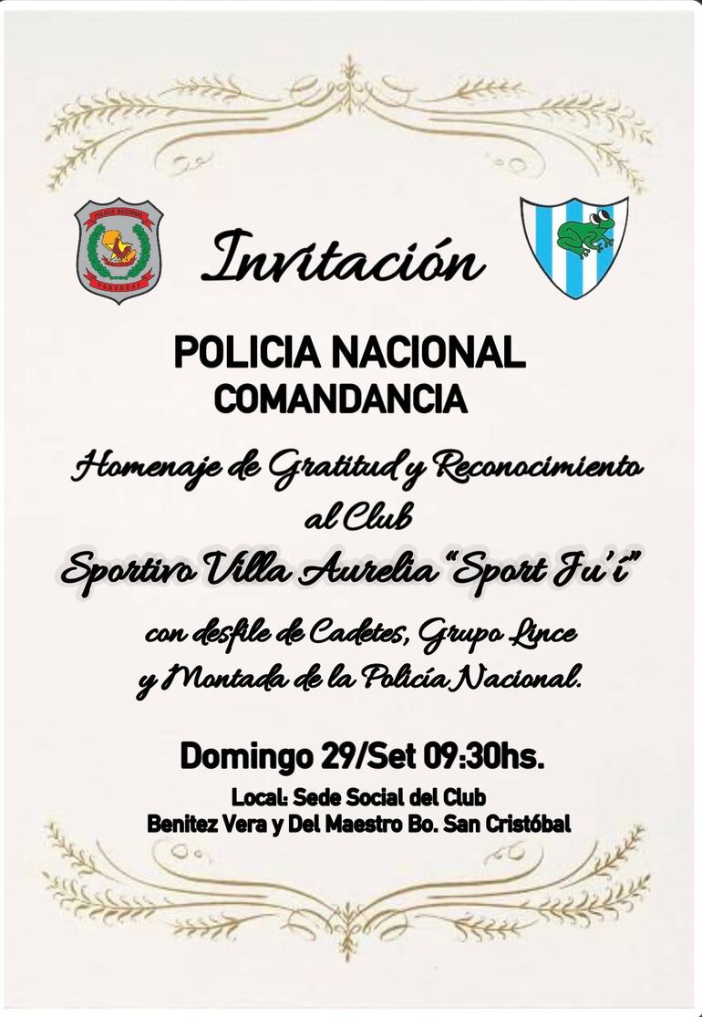 Invitación al acto de agradecimiento al Club Sport Villa Aurelia (Sport Ju’i).