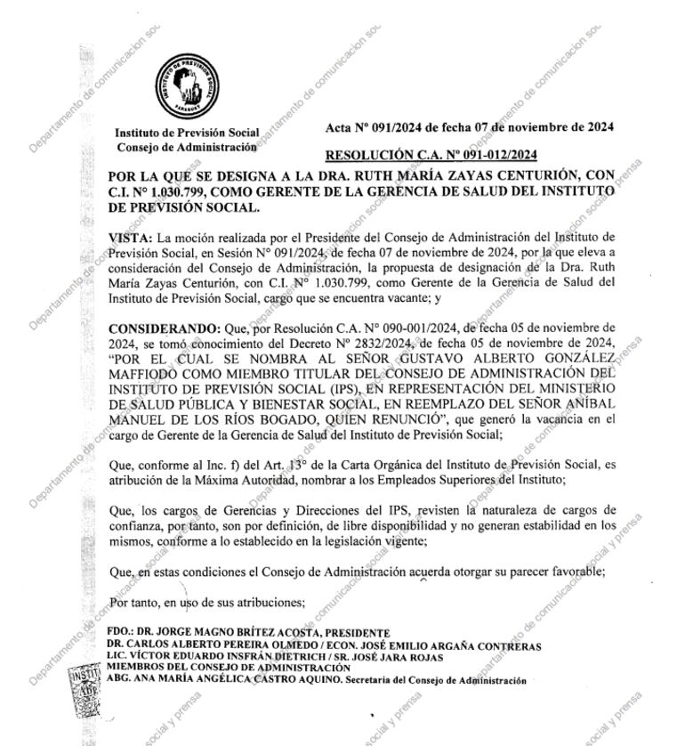 Resolución de nombramiento de la doctora Ruth Zayas como gerente de Salud del IPS, en reemplazo del doctor Gustavo González.