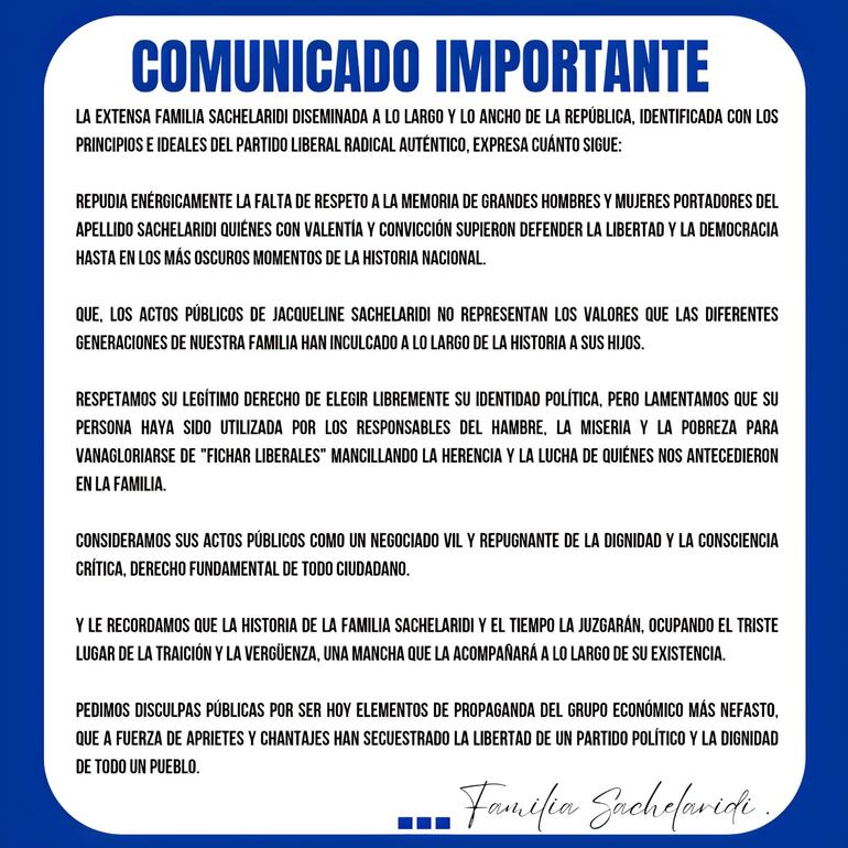 Comunicado de la familia Sachelaridi.