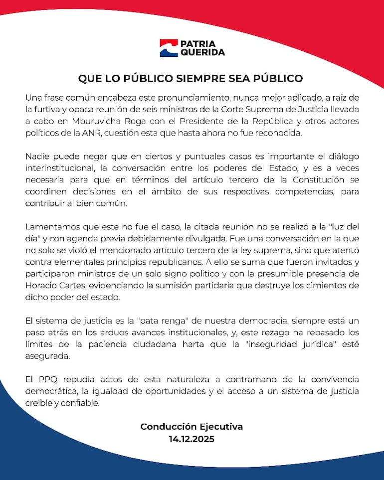 Comunicado del Partido Patria Querida.