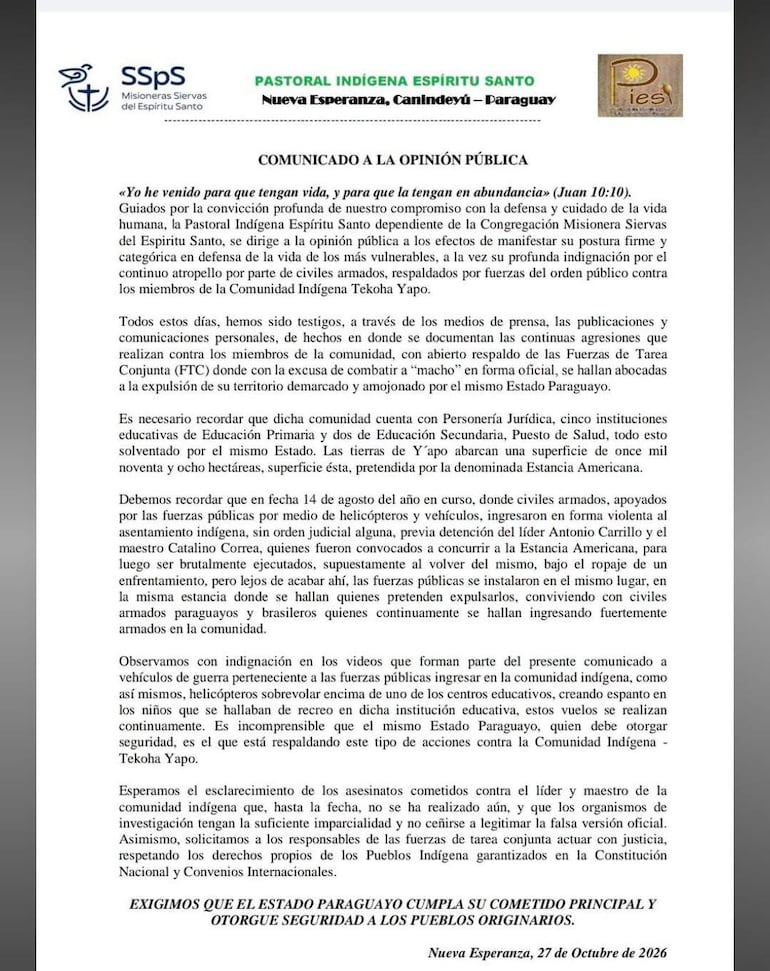 Documento formal que expresa la postura de la Pastoral Indígena Espíritu Santo, con títulos y citas bíblicas en texto impreso.